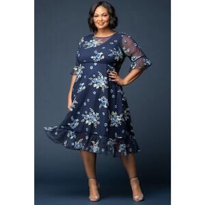 Kiyonna Dress Wildflower Style 1X Embroidered Flowers Velvet Trim Blue Feminine